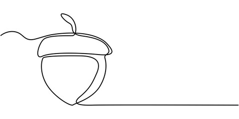 Acorn in one line black color on white background. Acorn design in line art style. Acorn icon design, One line art acorn. Single line art. Nature illustration for design, Acorn. Vector illustration.
