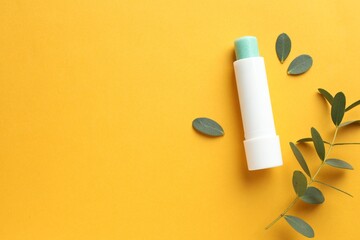 Wall Mural - lip balm and eucalyptus leaves on yellow background, flat lay. space for text