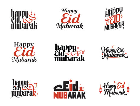 Eid Mubarak calligraphy, black and red text designs, white background, modern Muslim holiday graphics, minimalist Eid celebration logos
