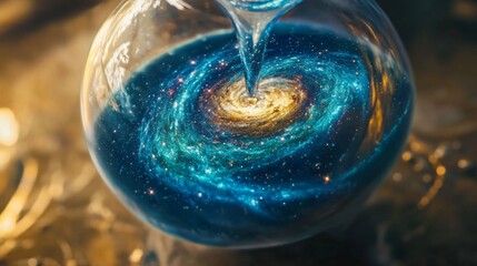 Wall Mural - an hourglass filled with swirling galaxies instead of sand, representing infinite time