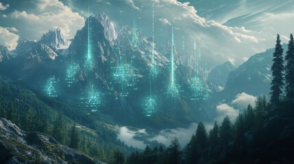 Aufkleber - A breathtaking mountain landscape infused with futuristic holographic data streams and glowing AI-generated trees, merging nature with technology