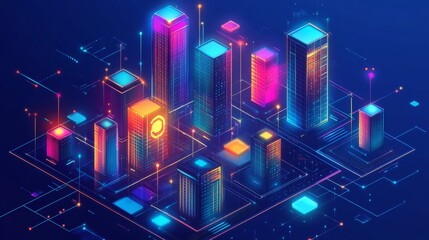 Aufkleber - A vibrant isometric cyberpunk city illustrated in flat vector style, glowing with neon colors and geometric buildings
