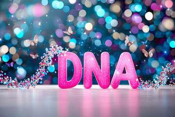 Poster - Bright pink letters spell out DNA surrounded by shimmering lights and decorative butterflies on a blurred background