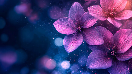 Poster - Vibrant purple flowers illuminated in a dreamy blue background with soft bokeh effects at nighttime