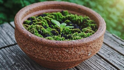Poster - Young seedling in rustic pot surrounded by moss on wooden surface, growth concept