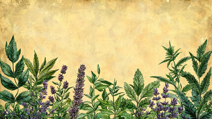 Poster - Various plants and herbs display rich colors, creating a natural frame against a warm, textured backdrop, highlighting nature\'s beauty