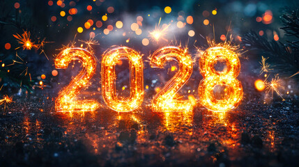 Aufkleber - Brightly lit numbers 2028 shimmer with sparklers, creating a festive atmosphere filled with colorful bokeh lights at night