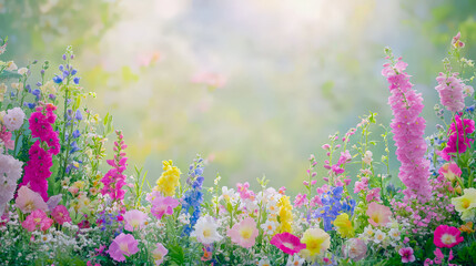 Poster - Vibrant spring garden filled with colorful flowers in full bloom under a sunny sky