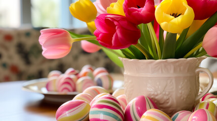 Poster - Colorful Easter eggs surround a vibrant bouquet of tulips on a festive table setting during spring celebration