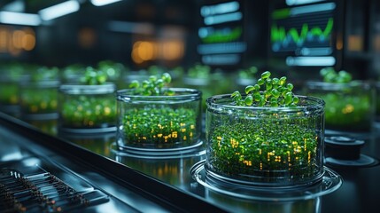Futuristic lab plants grow on automated system, data displays background