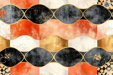 Poster - Artistic mosaic pattern in black coral and gold with a geometric wave design