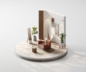 Poster - Isometric view round living room muji style open inside interior architecture 3d rendering