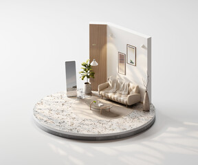 Poster - Isometric view round living room muji style open inside interior architecture 3d rendering