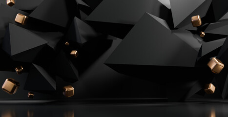 Poster - Abstract architecture black and gold backdrop empty interior studio room background 3d rendering	
