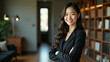 © Syuhuud - A professional and confident white female lawyer standing in a modern law firm office. She has a warm smile and her arms crossed, exuding authority and success.