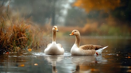 Poster - A pair of elegant long necked geese swimming together in a serene farm pond their reflection forming a mirror like image in the calm rippling water  This peaceful