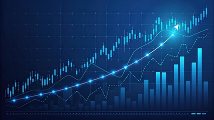 Poster - Financial Growth Visualization: A dynamic visual representation of financial growth, showcasing upward trending data charts, graphs, and illuminating lines on a deep blue backdrop.