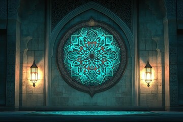 Poster - Islamic architecture showcasing a glowing mosaic and symmetrical details at night