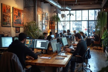 Poster - Creative professionals collaborating in a modern office space with multiple computer monitors displaying code and projects