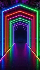 Poster - Walking Through a Glowing Neon Light Tunnel with Colorful Reflections