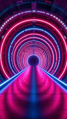 Poster - Abstract Neon Tunnel Leading to Dark Void with Vibrant Pink and Blue