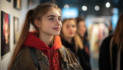 Fototapete - Visitors observing fashion exhibits at a contemporary gallery showcasing unique mannequins and artistic designs during an evening event