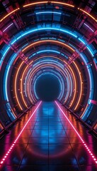 Poster - Glowing Neon Tunnel with Abstract Cyberpunk Design and Futuristic Atmosphere