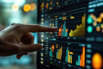 Fototapete - Detailed analysis of financial data displayed on a digital screen in a modern workspace during the evening hours