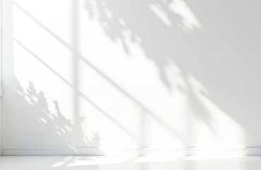 Poster - Minimalistic room interior with soft sunlight and leaf shadows on white wall. Natural light creates abstract plant pattern. Empty space mockup is perfect for product display or text overlay.