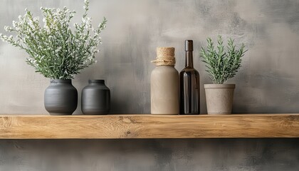 Poster - Stylish wooden shelf showcasing pottery and dried flowers in a sunlit room with textured blue wall