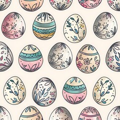 Poster - A seamless pattern featuring hand-drawn Easter eggs with intricate floral and geometric designs, arranged in a repeating layout with soft pastel colors on a light background.
