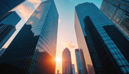 Poster - Modern cityscape at sunset featuring skyscrapers office buildings. Business travel themes. Vibrant urban landscape of architecture. Tall towers in downtown financial district against blue sky at dusk.