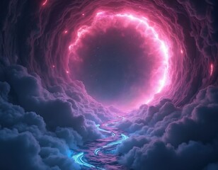 Poster - Pink neon lightnings sparkle illuminating clouds. Blue glowing wavy lines run across cloudscape. Fantastic abstract tunnel portal. Dreamlike neon space in pink, blue colors for sci-fi wallpaper.