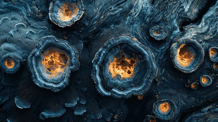 Wall Mural - Abstract art featuring swirling, dark-blue textures and glowing orange crater-like forms