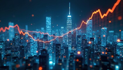 Leinwandbilder - Stock market financial data analysis, business and investment on blue background. Business graph, chart shows economic growth in futuristic digital city. Global economy index rate report.