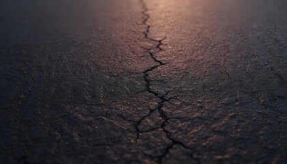 Poster - Macro of cracked asphalt. Dark grunge background with crack. Texture of old damaged asphalt pavement surface. Black tarmac road surface with break suitable for construction, backdrop, wallpaper.