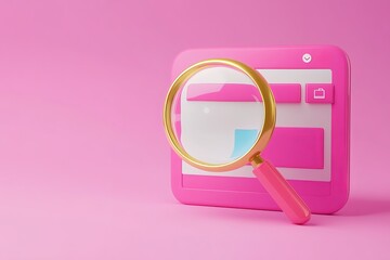 Poster - Pink Gold Magnifying Glass on Modern User Interface Design Digital Graphic Resource Search Tool Website Application 3D Render Illustration Background 