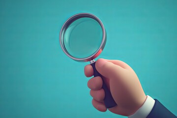 Poster - Cartoon Hand Holding Magnifying Glass Teal Background Detailed 3D Render Search Investigation Explore Discovery Zoom In Inspect Analyze Find Solution 
