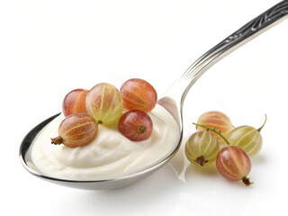 Aufkleber - Spoon with creamy yogurt and gooseberries - isolated on a white background