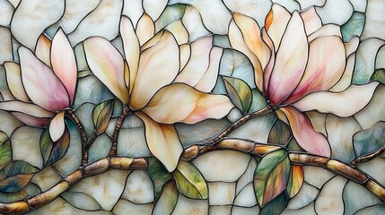 Poster - An abstract composition of flowers and leaves in a stained glass window background