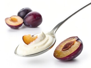 Poster - Spoon with Creamy Yogurt and a Piece of Fresh Plum, Surrounded by Whole and Halved Purple Plums on a White Background
