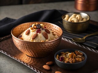 Aufkleber - a bowl of ice cream with nuts on top, placed on a metallic tray with a bowl of almonds nearby. The background features a rustic setting with a metallic bowl and spoon.