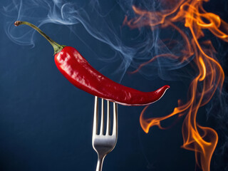 Poster - A vivid red chili pepper suspended atop a silver fork, with a backdrop of a deep blue hue and wispy smoke. The contrast between the bright red of the chili and the cool blue of the background creates 