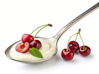 Poster -  Spoon Filled with Creamy Yogurt, Topped with Fresh Cherries and a Mint Leaf, with Additional Cherries on a White Background