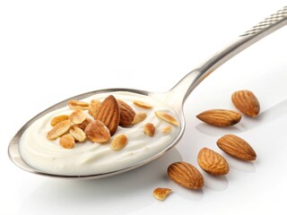 Aufkleber - Spoon with Creamy Yogurt, Whole Almonds, and Sliced Almonds on a White Background
