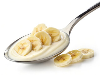 Aufkleber - Spoon with creamy yogurt and fresh banana slices - isolated on white background