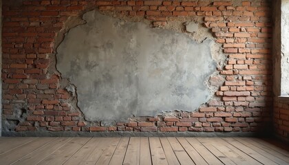 Aufkleber - Rustic interior features old brick wall with cracked plaster, wooden floor. Vintage room with aged texture for loft design, antique decor, stylish apartment renovation. Grunge background, building