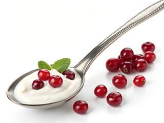 Poster - A spoon filled with yogurt and a few bright red cranberries on a white background.