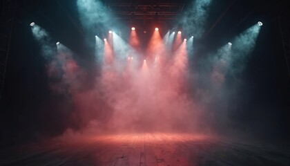 Aufkleber - Stage light with colored spotlights. Concert, theater dark empty scene. Smoke, fog, rays illuminate wooden floor. Modern abstract illuminated entertainment space background for show, music or party.