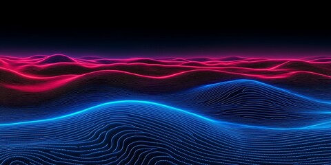Aufkleber - Abstract Neon Landscape with Red and Blue Topographic Lines and Dark Backdrop